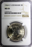 DENMARK Frederik IX Copper-Nickel 1964 5 Kroner NGC MS65 KM# 853.1 (11)