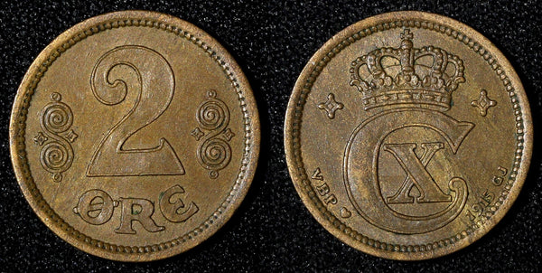 Denmark Christian X Bronze 1915 VBP; GJ 2 Ore aUNC KM# 813.1 (27 691)