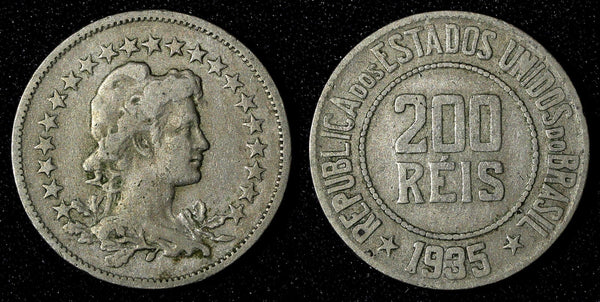 BRAZIL Copper-Nickel 1935 200 Reis Liberty 25mm KM# 519 (27 801)