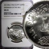 EGYPT Silver AH1384  1964 25 Piastres NGC MS65 Diversion of the Nile KM# 406 (3)