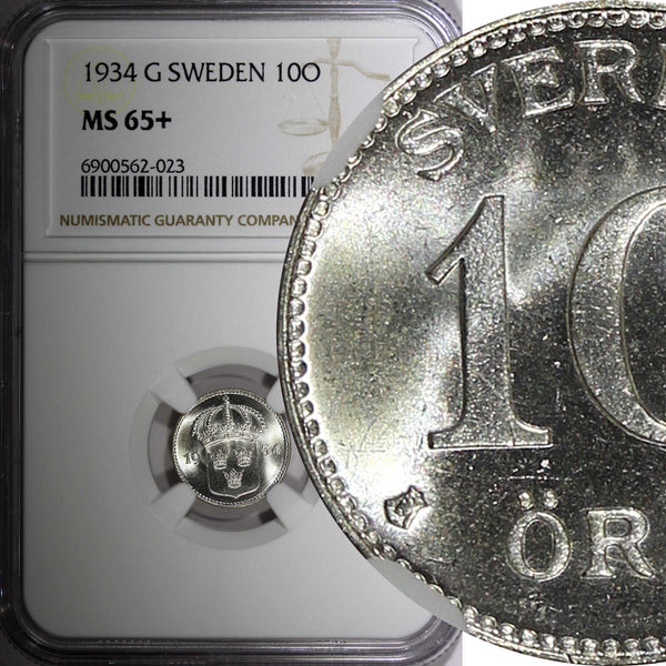 Sweden Gustaf V Silver 1934 G 10 Ore NGC MS65+ GEM BU SCARCE KM# 780 (023)