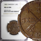 SWEDEN Gustav IV Adolf 1802 1/4 Skilling NGC MS63 BN  KM# 564 (024)