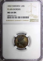 SWEDEN Carl XIV Johan Copper 1832 1/6 Skilling PLAIN BORDER NGC MS64 BN KM634(4)