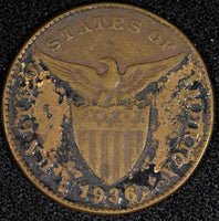 Philippines Bronze 1936 M 1 Centavo Manila Mint Uneven Toned KM# 163 (24 371)