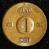 Sweden Gustaf VI Adolf Bronze 1962 U 1 Ore UNC Toned KM# 820 (30 229)