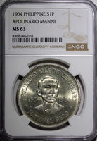 Philippines Silver 1964 Peso NGC MS63 Birth of Apolinario Mabini 38mm KM# 194(8)