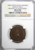 Poland Russia Medal 1826 Memory of Alexander's I Death NGC MS64 BN TOP GRADED