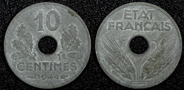 FRANCE Zinc 1944 10 Centimes WWII Issue XF KM# 903 (24 978)