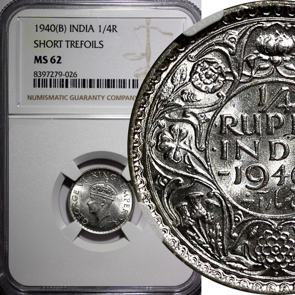 India-British George VI Silver 1940 (B) 1/4 Rupee NGC MS62 KM# 545 (026)