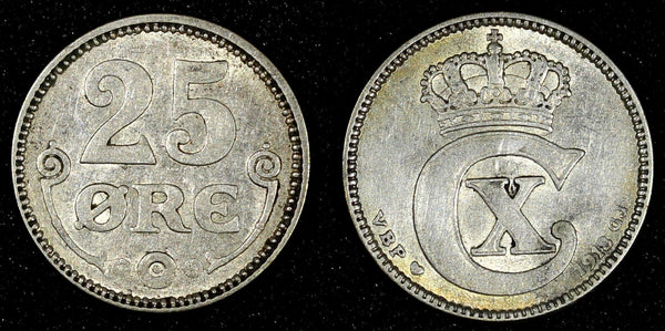 Denmark  Christian X Silver 1918 VBP GJ  25 Ore  KM# 815.1  (28 154)
