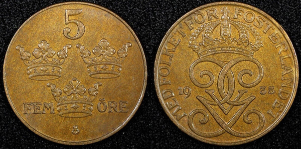 SWEDEN Gustaf V Bronze 1935 5 Öre  aUNC KM# 777.2 (24 097)