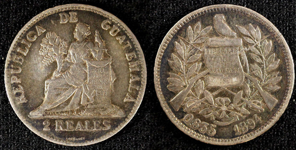 Guatemala Silver 1894  2 Reales 24 mm Nice Toned KM# 167 (24 583)