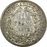 FRANCE Silver 1872 A 1 Franc Paris Mint KM# 822.1 (24 885)