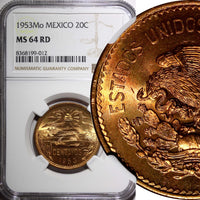 MEXICO Bronze 1953 20 Centavos NGC MS64 RD NICE FULL RED KM# 439 (012)