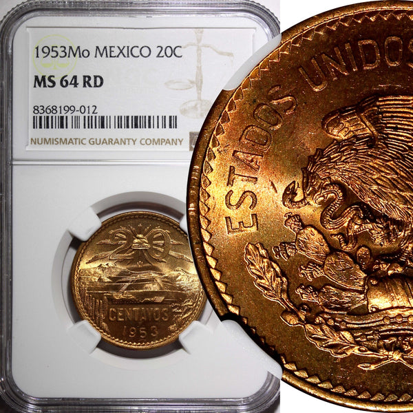 MEXICO Bronze 1953 20 Centavos NGC MS64 RD NICE FULL RED KM# 439 (012)