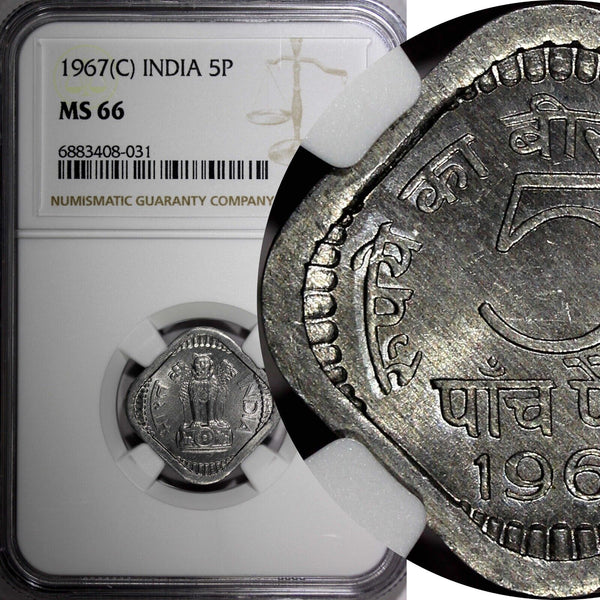 India-Republic  Aluminum 1967 (C) 5 Paise NGC MS66 TOP GRADED KM# 18.1 (031)