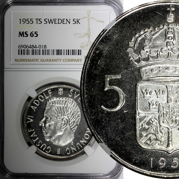 SWEDEN Gustaf VI Silver 1955 TS 5 Kronor 34 mm NGC MS65 TOP GRADED KM# 829 (018)