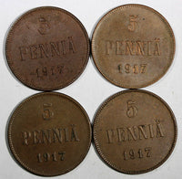 FINLAND Nicholas II Copper  1917 5 Penniä KM# 15 KM# 17 RANDOM PICK  1 COIN (52)