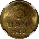 ROMANIA Copper-Nickel-Zinc 1952 3 Bani NGC UNC DETAILS  1 YEAR TYPE KM# 82.2 (3)