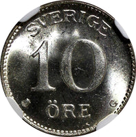 SWEDEN Gustaf V Silver 1935 G 10 Öre NGC MS64  KM# 780 (003)