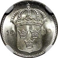 Sweden Gustaf V Silver 1919 W 10 Ore NGC MS65 Light Toned GEM BU KM# 780 (008)