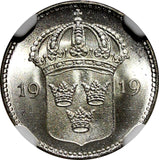 Sweden Gustaf V Silver 1919 W 10 Ore NGC MS65 Light Toned GEM BU KM# 780 (008)