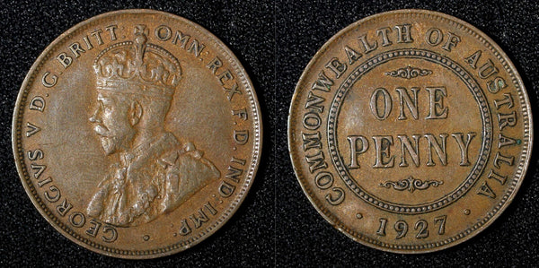 Australia George V Copper 1927 1 Penny Melbourne Mint KM# 23 (27 694)