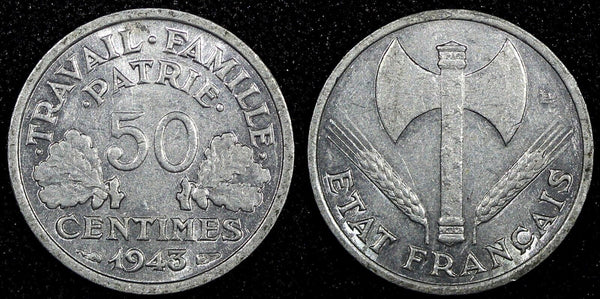 France Aluminum 1943  50 Centimes WWII Issue aUNC KM# 914.1 (24 976)