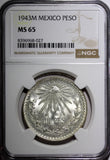 Mexico ESTADOS UNIDOS MEXICANOS Silver 1943 M Peso NGC MS65 GEM BU KM# 455 (7)