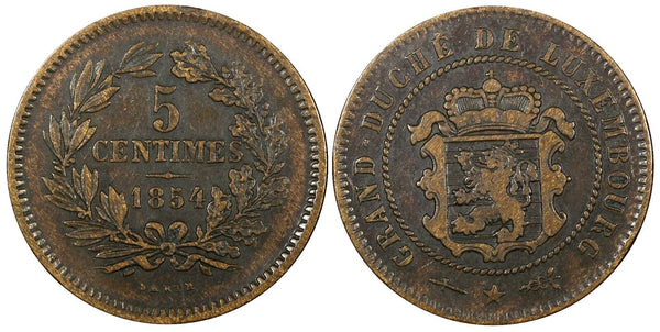 Luxembourg William III Bronze 1854 5 Centimes  Brussels Mint  KM# 22.1 (24 506)