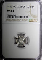 SWEDEN Silver 1853 AG 1/32 Riksdaler Large "AG" NGC MS63 NICE TONING KM# 681 (2)