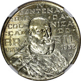 BRAZIL Silver 1932 2000 Reis NGC MS62 400th Anniversary of Colonization KM532(5)