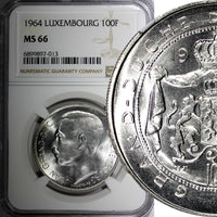 Luxembourg Jean Silver 1964 100 Francs Mintage-50,000 NGC MS66 BU KM# 54 (013)