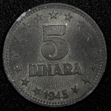 Yugoslavia Zinc 1945 5 Dinara WWII Issue 26.5mm 1 Year Type UNC KM# 28 (24 521)