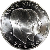 Norway Olav V Silver 1970 25 Kroner NGC MS66 Anniversary of Liberation KM#414(4)