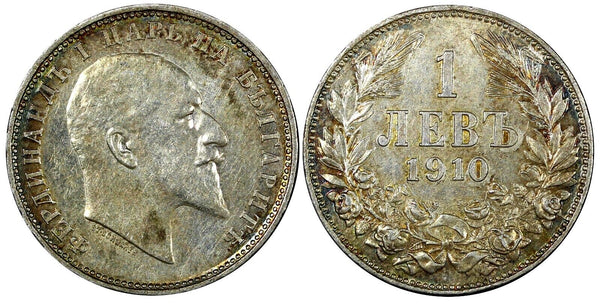 Bulgaria Ferdinand I Silver 1910 1 Lev Toned KM# 28 (25 113)