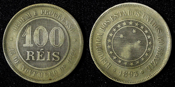 BRAZIL Copper-Nickel 1893 100 Reis 27  mm  KM# 492 (27 816)