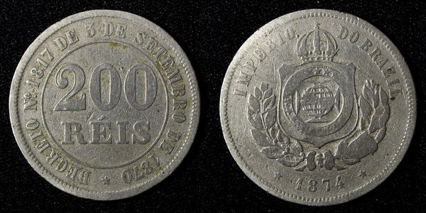 BRAZIL Pedro II Copper-Nickel 1874 200 Reis 32 mm KM# 478 (27 810)