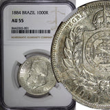 BRAZIL Pedro II Silver 1884 1000 Reis Better Date Mint-22,000 NGC AU55 KM#481(1)