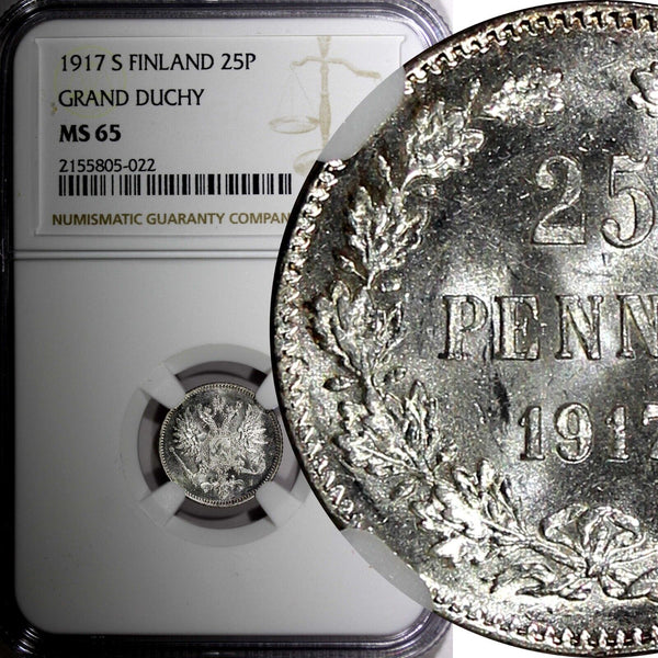 Finland Nicholas II 1917 S 25 Pennia NGC MS65 Grand Duchy KM# 6.2 (022)