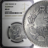 FRANCE Aluminum 1947 5 Francs open "9" NGC MS62 KM# 888b.1 (003)