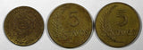 PERU BRASS LOT OF 3 COINS 1943-1965 5 Centavos KM# 213.2a1 ; KM# 223 (24 862)