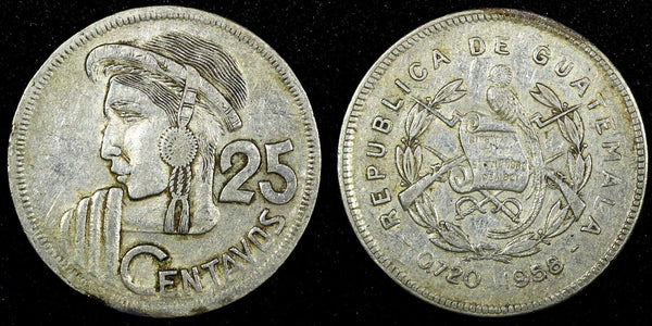 Guatemala Silver 1958 25 Centavos Mintage-394 361 27mm Toned KM# 258 (24 645)