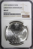 Norway Olav V Silver 1970 25 Kroner NGC MS67 Anniversary of Liberation KM#414(1)