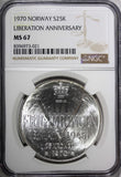 Norway Olav V Silver 1970 25 Kroner NGC MS67 Anniversary of Liberation KM#414(1)