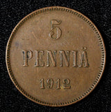 Finland Nicholas II Copper  1912 5 Pennia KM# 15 (27 679)
