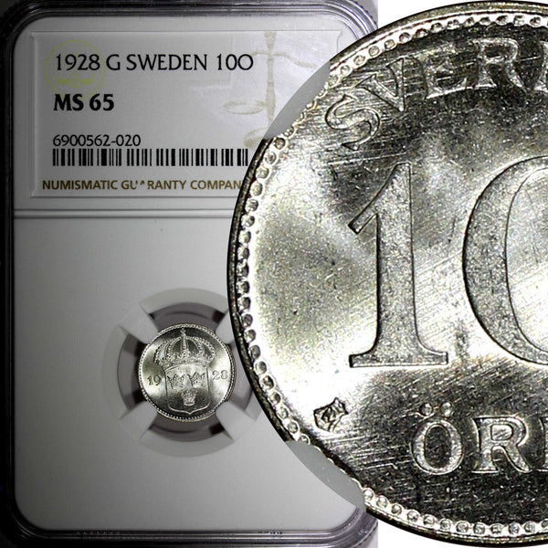 Sweden Gustaf V Silver 1928 G 10 Ore NGC MS65 GEM BU KM# 780 (020)