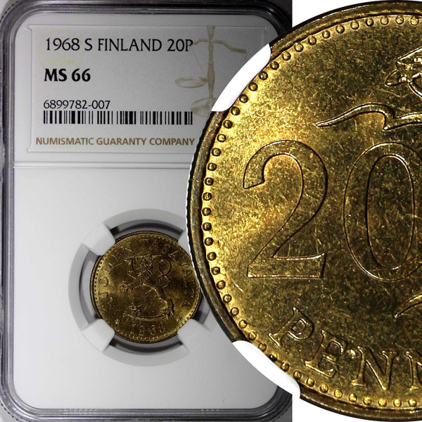 Finland Aluminum-Bronze 1968 S 20 Pennia  NGC MS66 TOP GRADED KM# 47 (7)