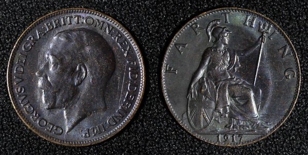 Great Britain George V  Bronze 1917 Farthing Dark finish  KM# 808.1  ( 28 017)