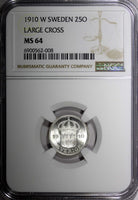 SWEDEN Gustaf V Silver 1910 W 25 Ore LARGE CROSS NGC MS64 KM# 785 (8)